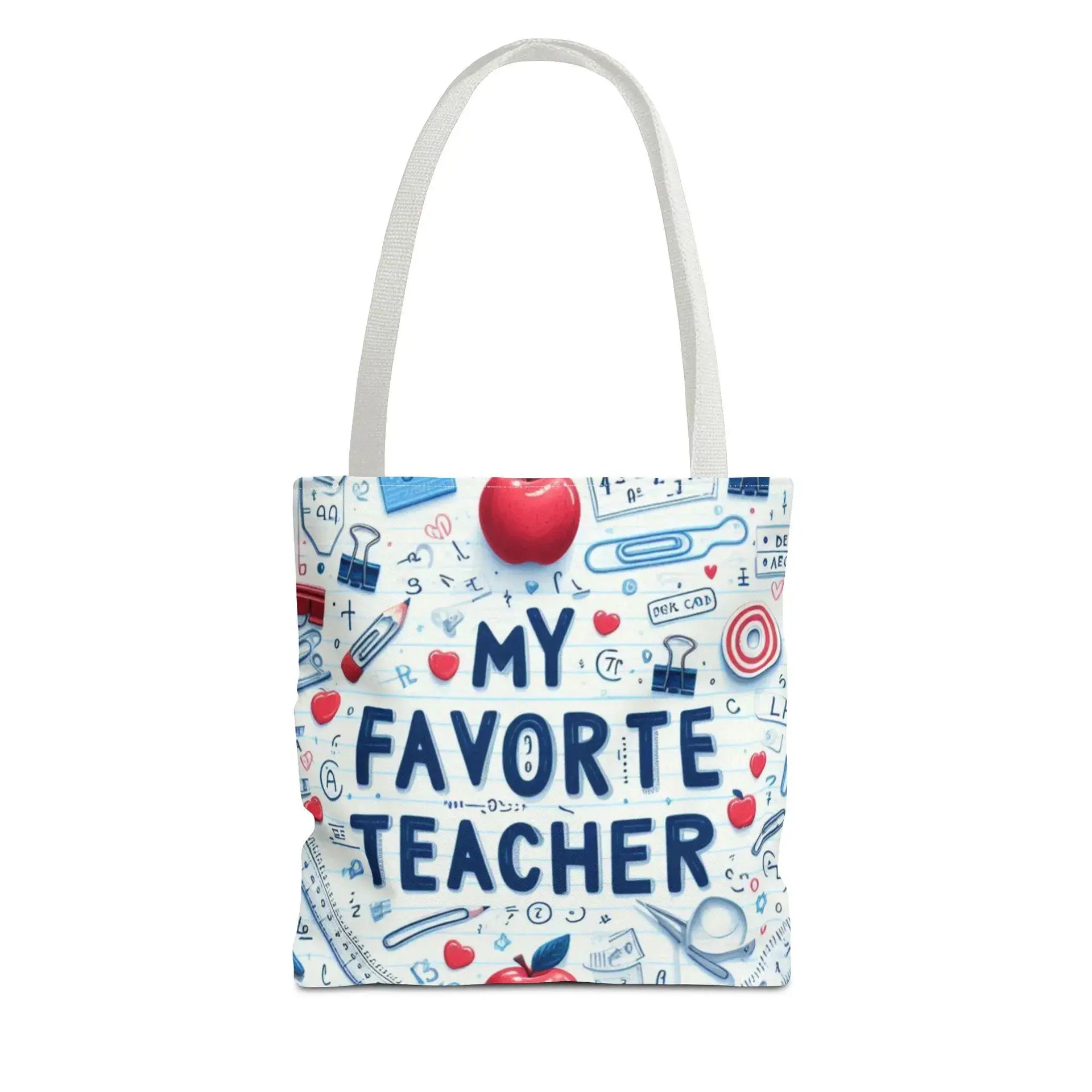 Tote bag with 'My Favorite Teacher' text and educational icons on a white background
