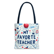 Tote bag with 'My Favorite Teacher' text and educational icons on a white background