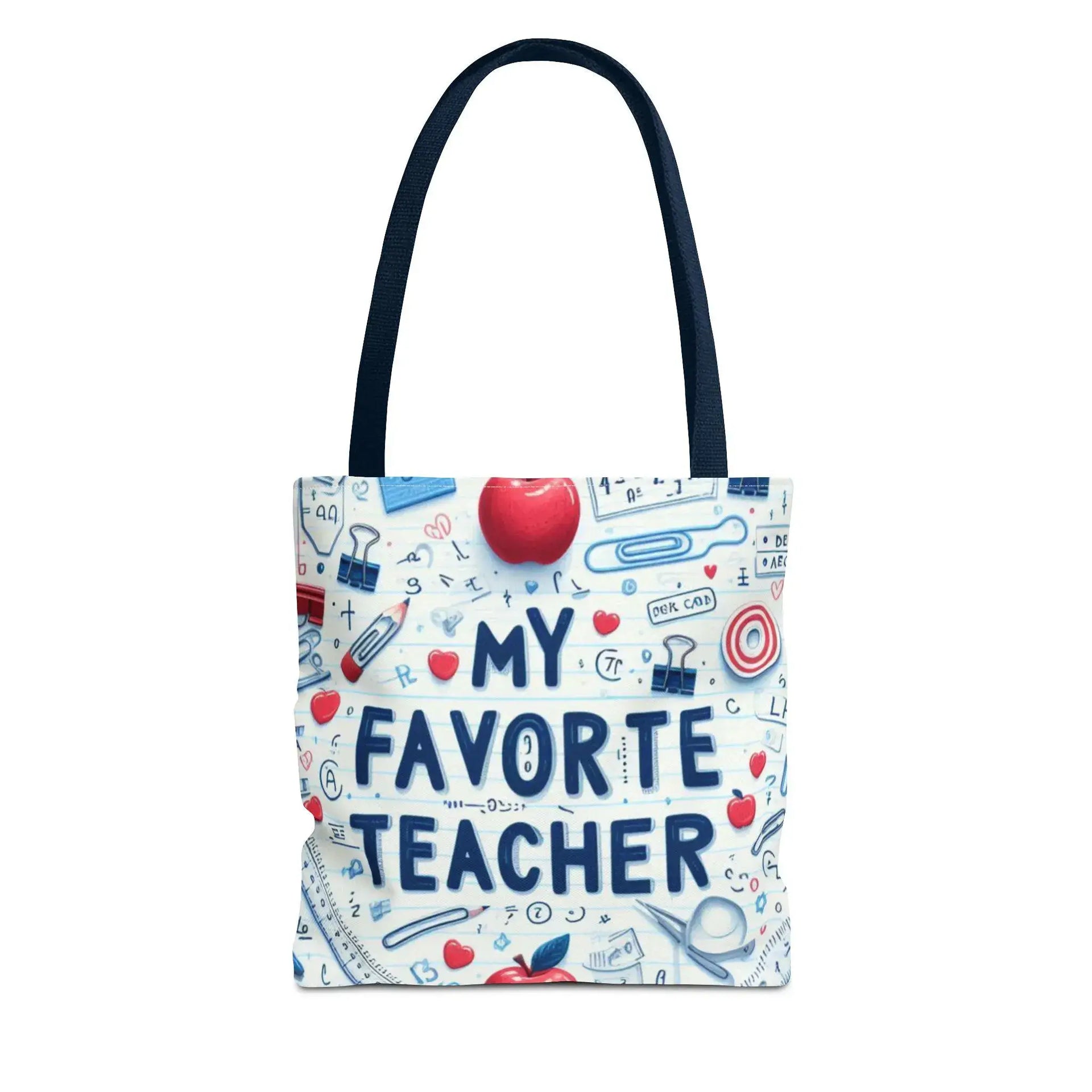 Tote bag with 'My Favorite Teacher' text and educational icons on a white background