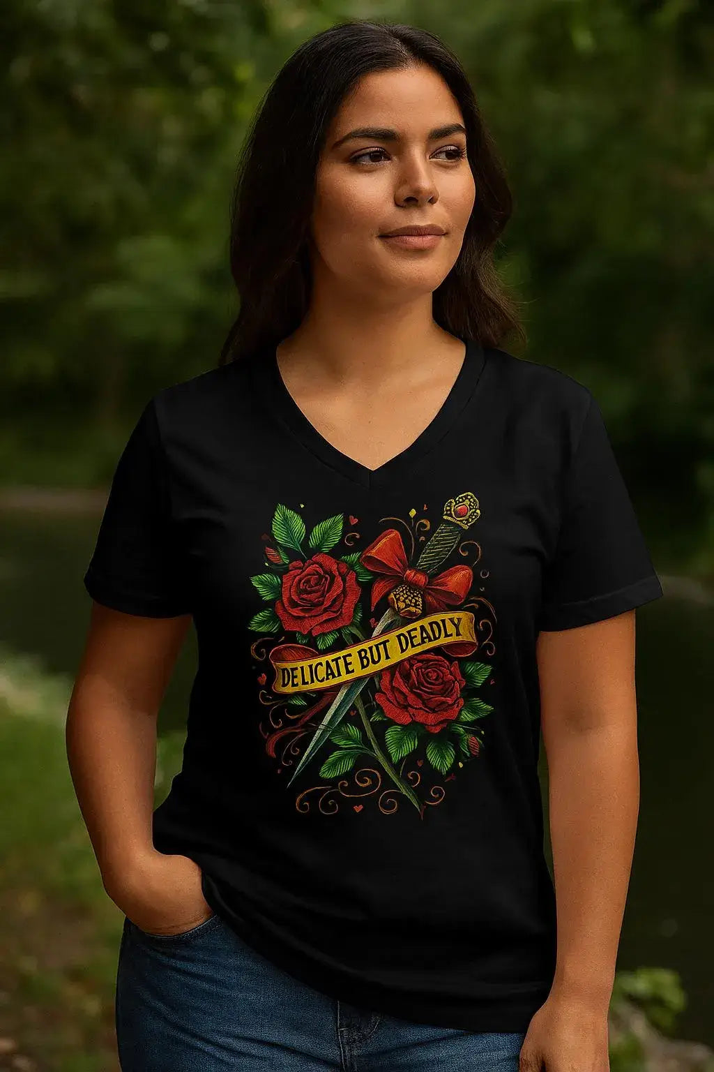 Woman wearing a black t-shirt with a colorful graphic design in a forest setting