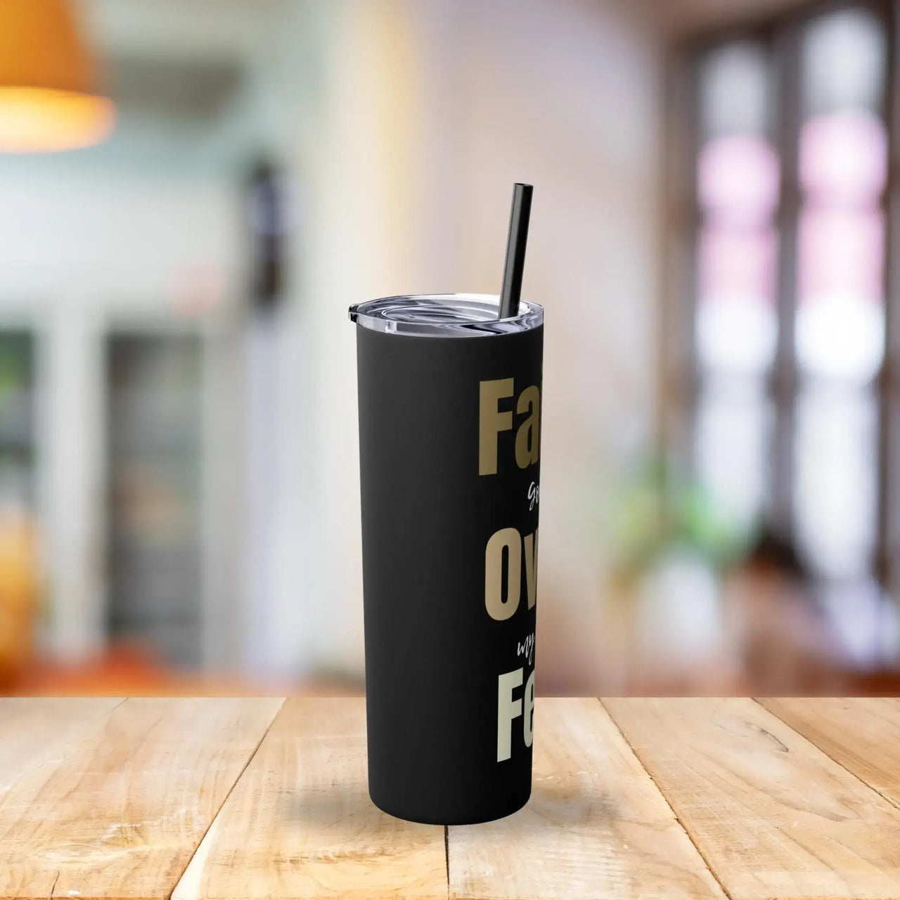 Faith Over Fear Tumbler | 20oz Black and Gold Stainless Steel Christian Cup with Inspirational Quote