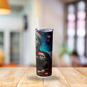Tumbler with holiday design on a wooden table