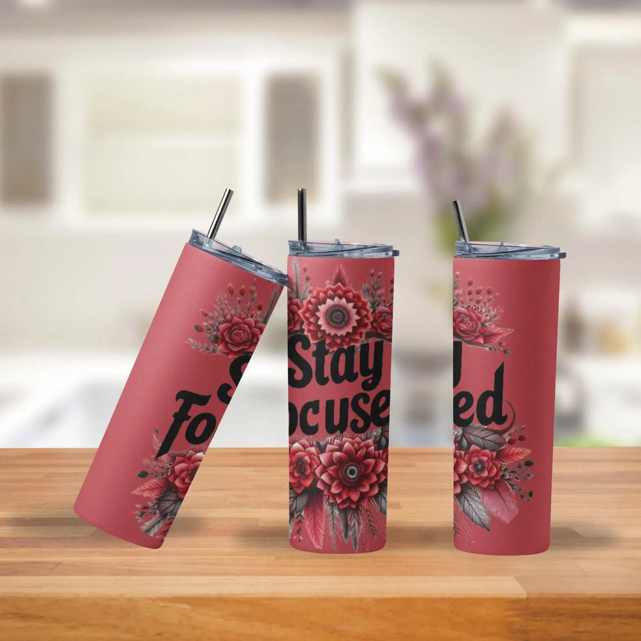 20oz Stay Focused stainless steel tumblers – pink motivational drinkware with red floral design, insulated cups for coffee or tea.