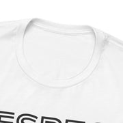 Close-up of a white t-shirt with black text on a white background