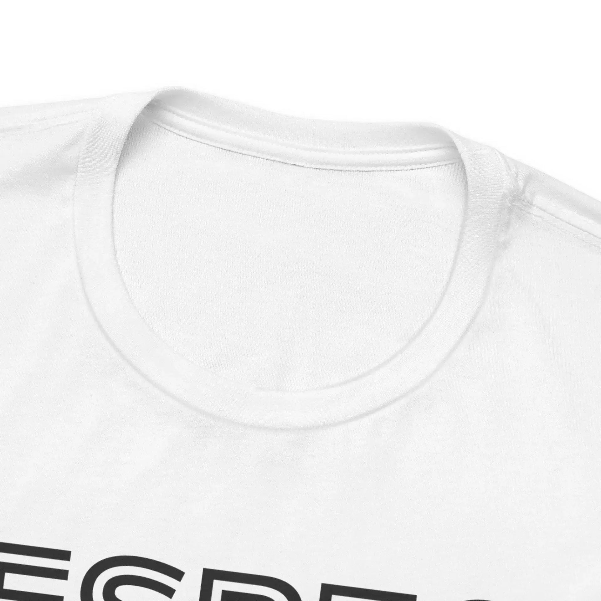 Close-up of a white t-shirt with black text on a white background