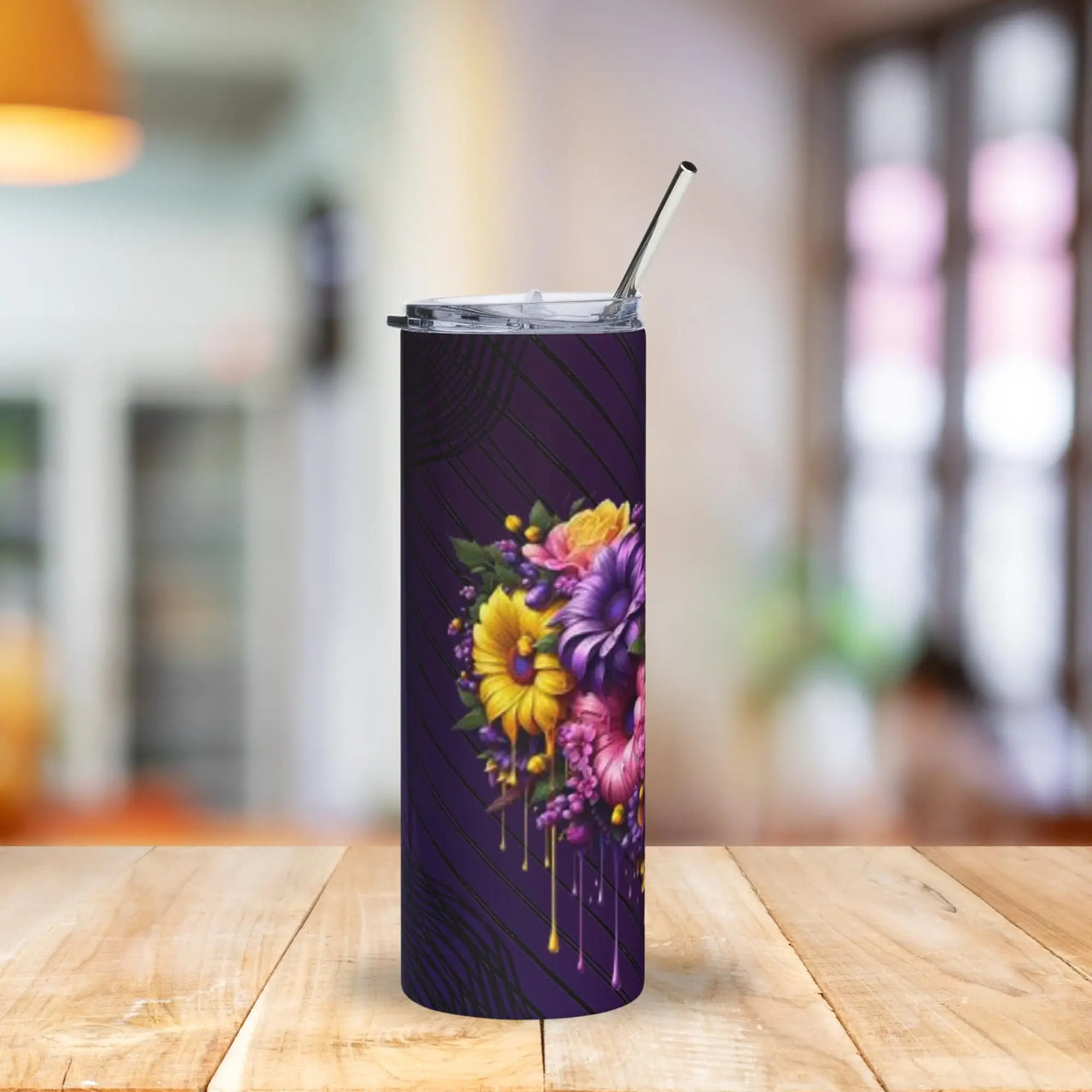Purple Floral Drip Tumbler | 20oz Stainless Steel Cup with Bold Yellow & Purple Flowers