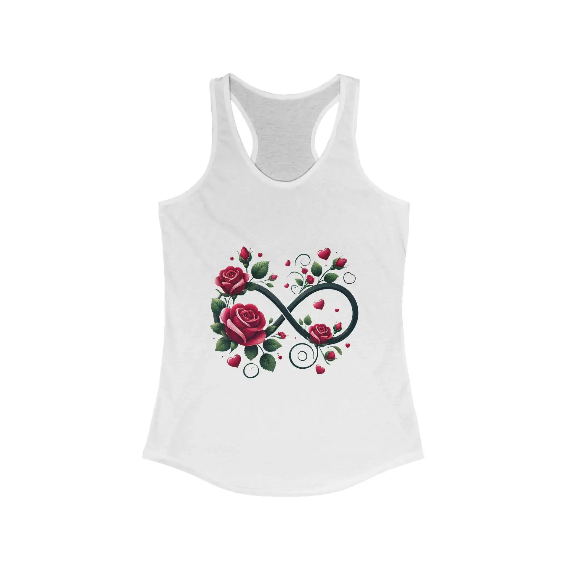 White tank top with floral infinity symbol design on a white background