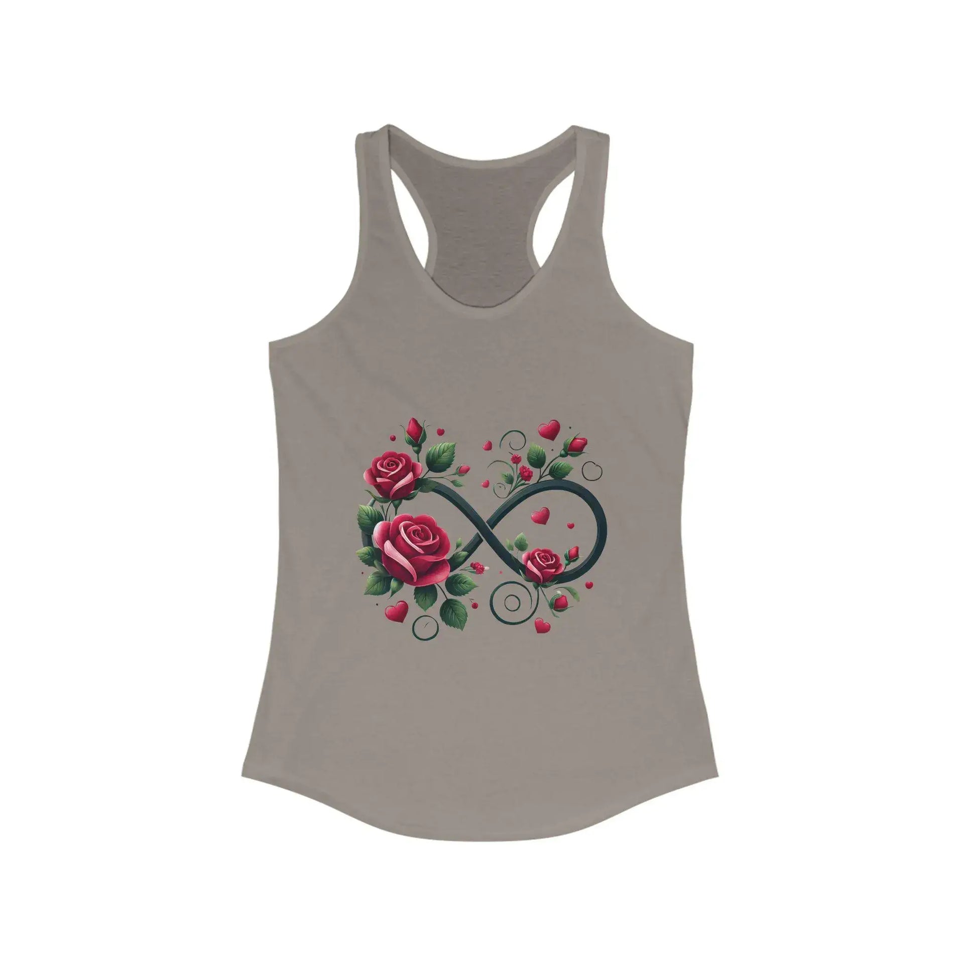 Gray tank top with a design of roses and an infinity symbol on a white background
