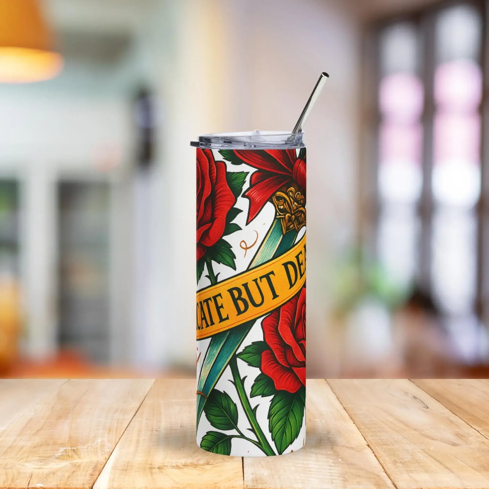 Tumbler with floral design and text on a wooden table with a blurred background