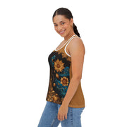 Woman wearing a tank top with floral design on a white background