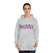 Person wearing a gray hoodie with 'INSOMNIA' text in colorful letters on a white background