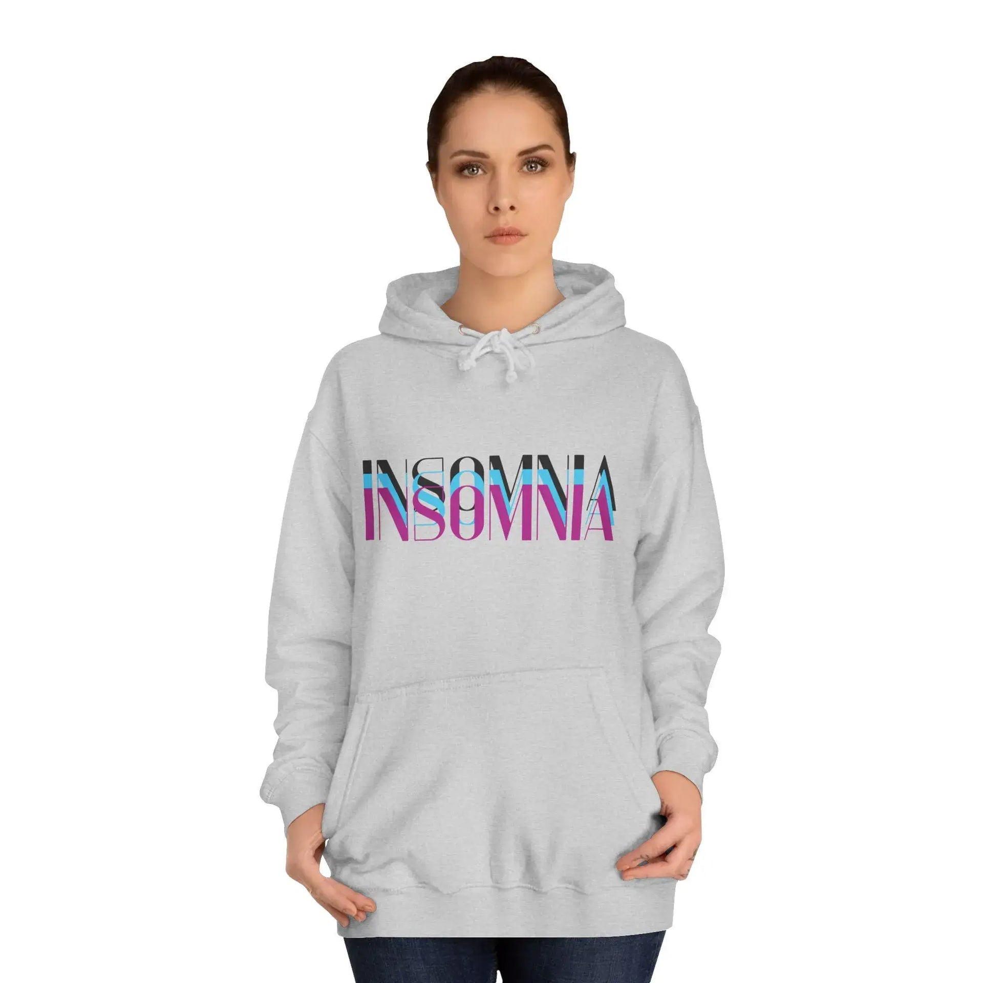 Person wearing a gray hoodie with 'INSOMNIA' text in colorful letters on a white background