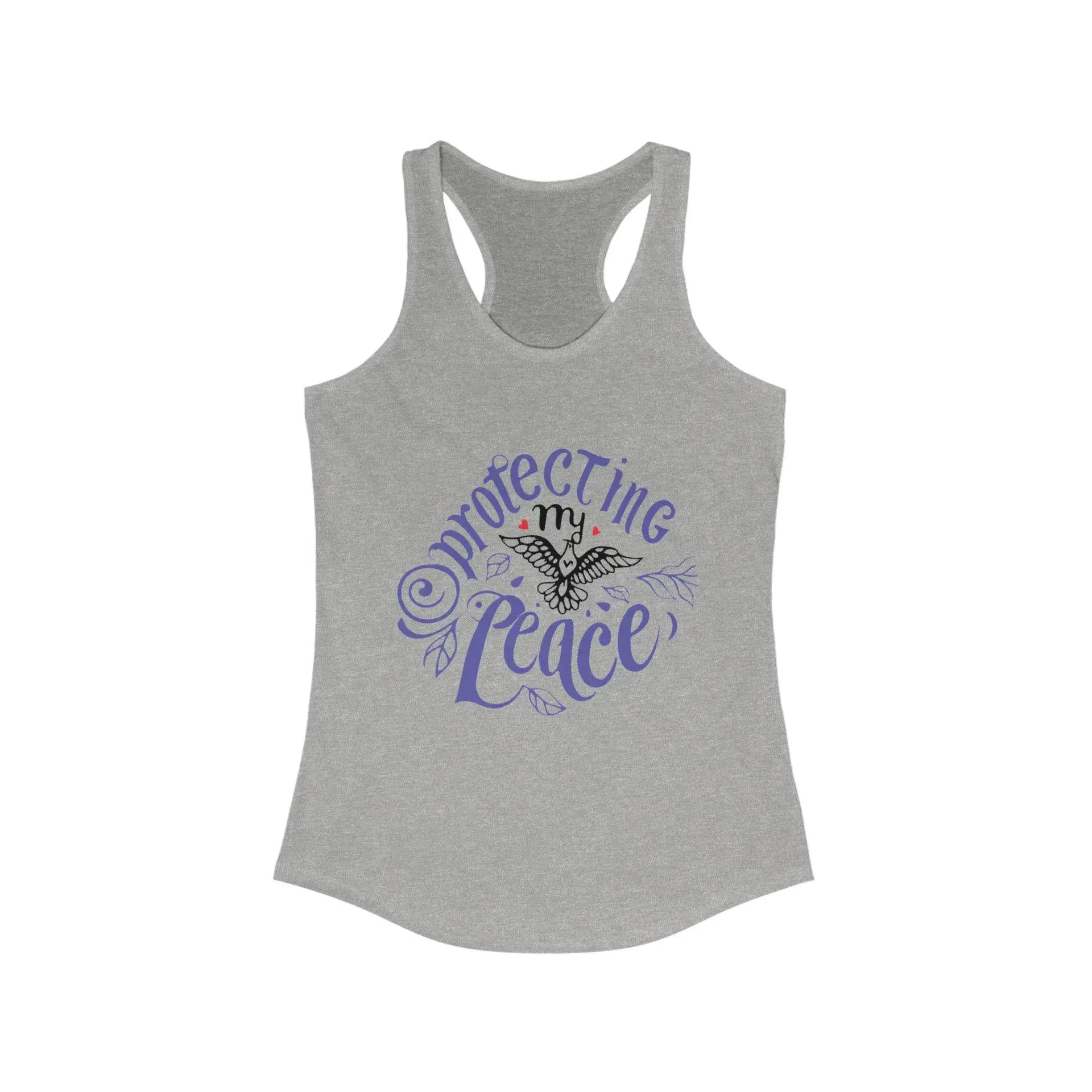Gray tank top with 'Protecting Peace' text and design on a white background