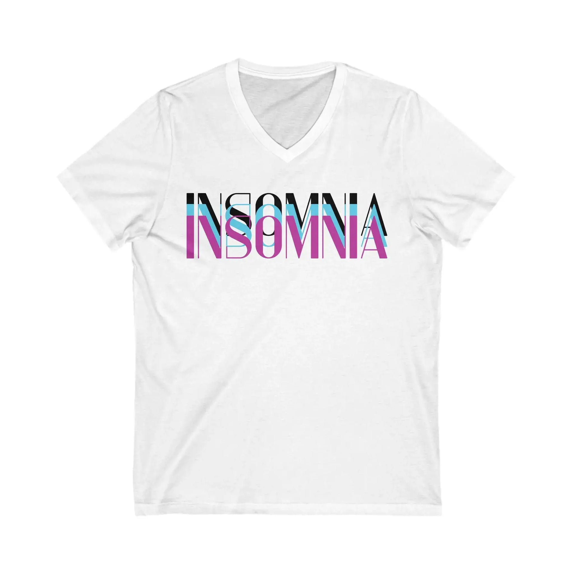 White t-shirt with 'INSOMNIA' in colorful letters on a white background