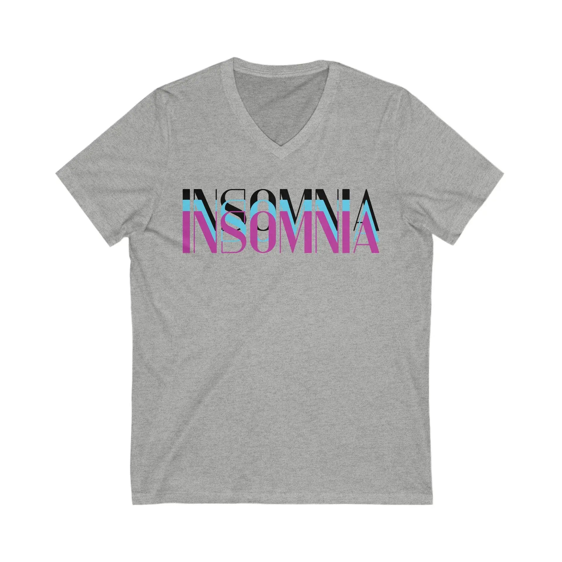 Gray t-shirt with 'INSOMNIA' printed in colorful letters on a white background