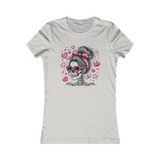 White t-shirt with a skeleton wearing sunglasses and a headband with hearts design on a white background