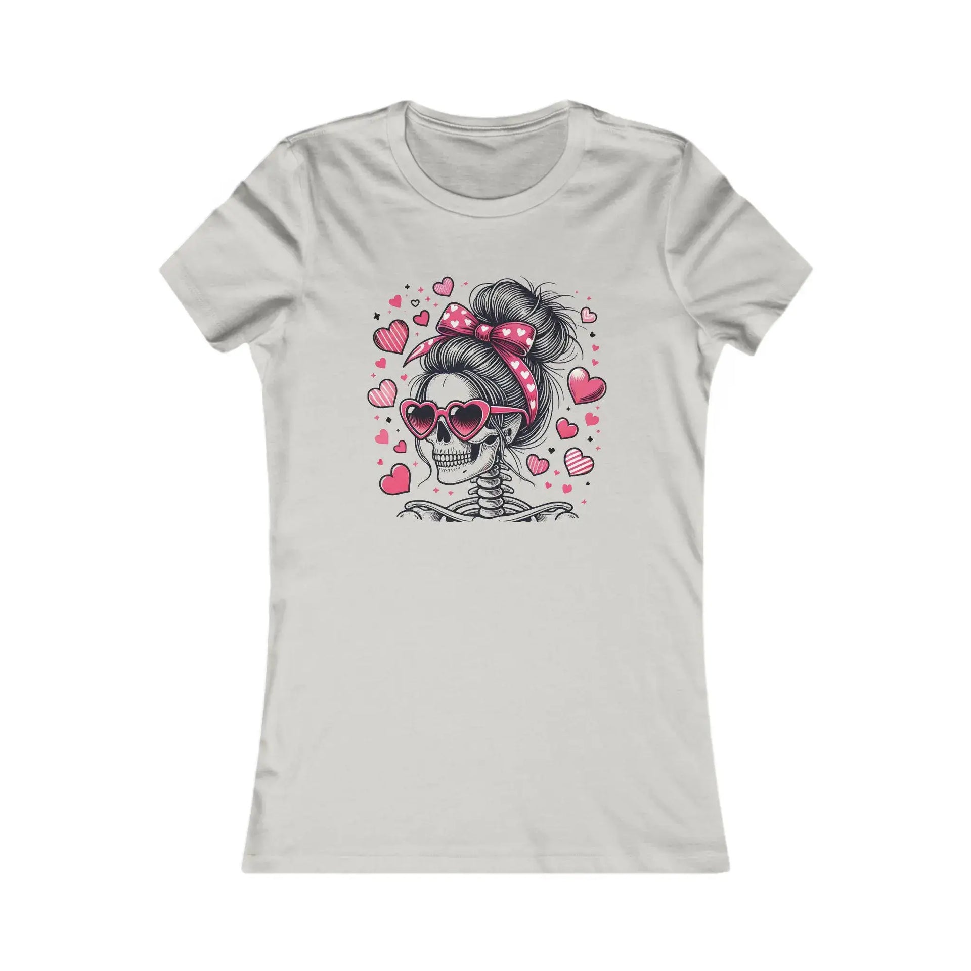 White t-shirt with a skeleton wearing sunglasses and a headband with hearts design on a white background