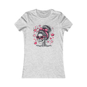 Gray t-shirt with a skeleton wearing sunglasses and a headband with hearts design on a white background