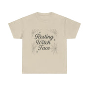 Beige t-shirt with 'Resting Witch Face' text and spider web design on a white background
