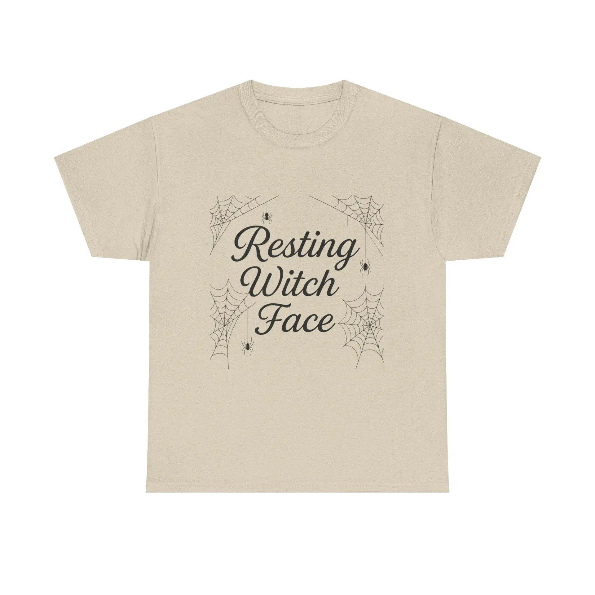 Beige t-shirt with 'Resting Witch Face' text and spider web design on a white background