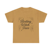 Mustard yellow t-shirt with 'Resting Witch Face' text and spider web designs on a white background