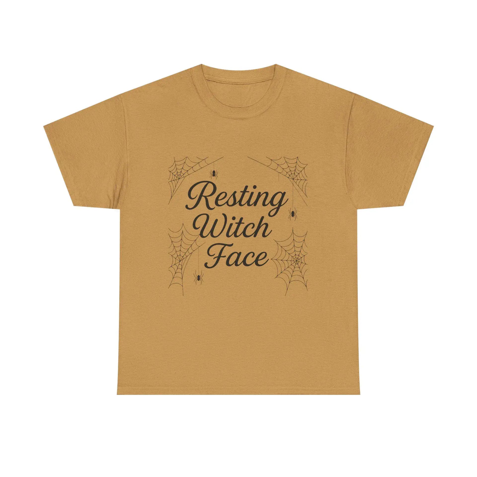 Mustard yellow t-shirt with 'Resting Witch Face' text and spider web designs on a white background