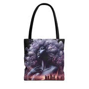 Tote bag with artistic design of a woman with flowers and butterflies on a white background