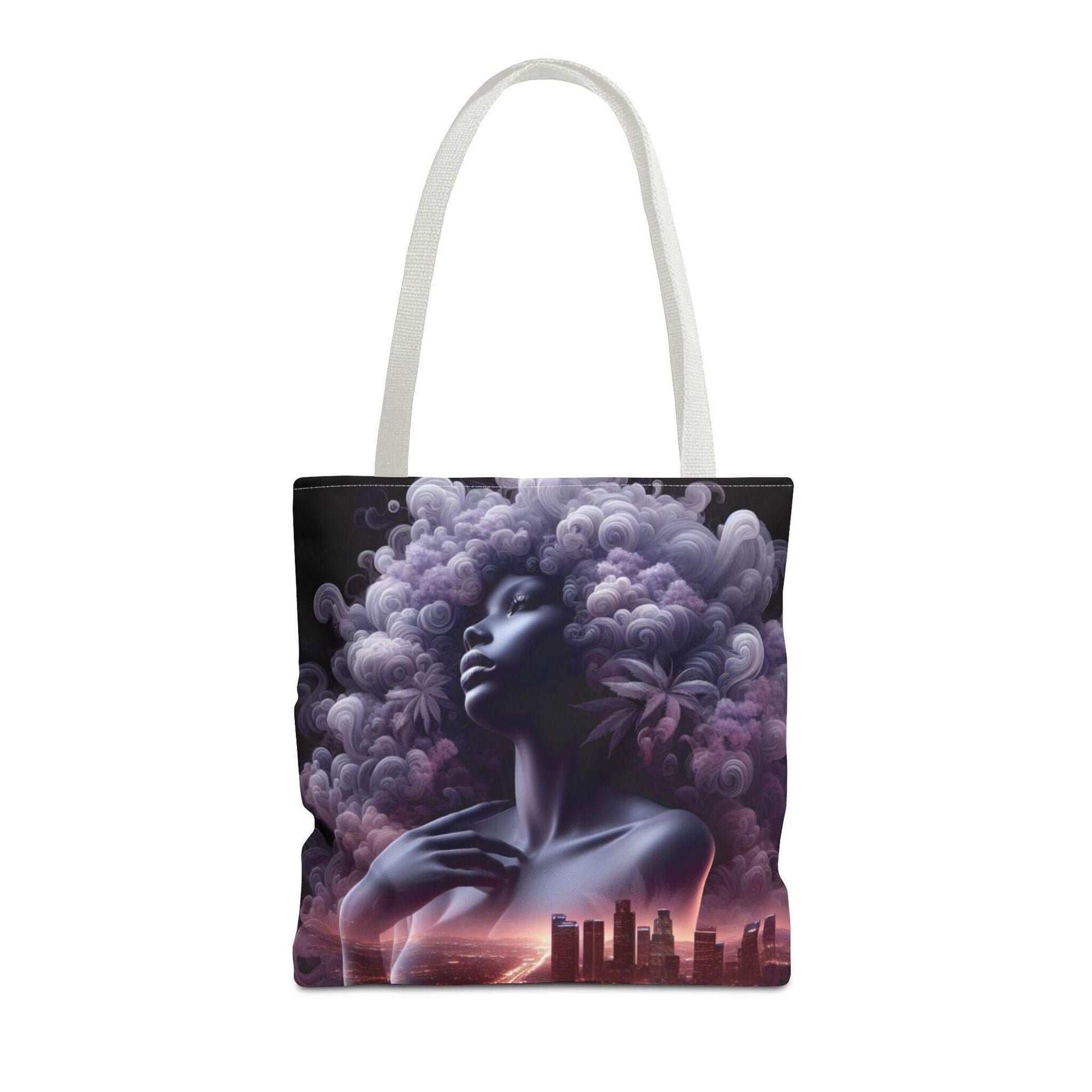 Tote bag with a stylized design of a woman with an afro and cityscape in the background on a white background