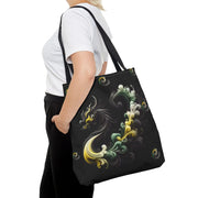 Person wearing a black tote bag with decorative designs on a white background