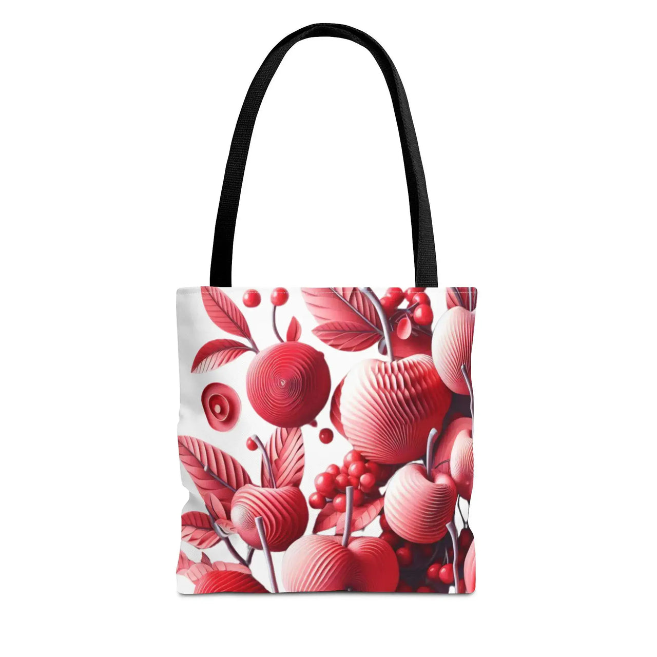 Tote bag with red floral design on a white background