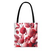 Tote bag with red floral design on a white background