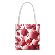 Tote bag with red floral design on a white background
