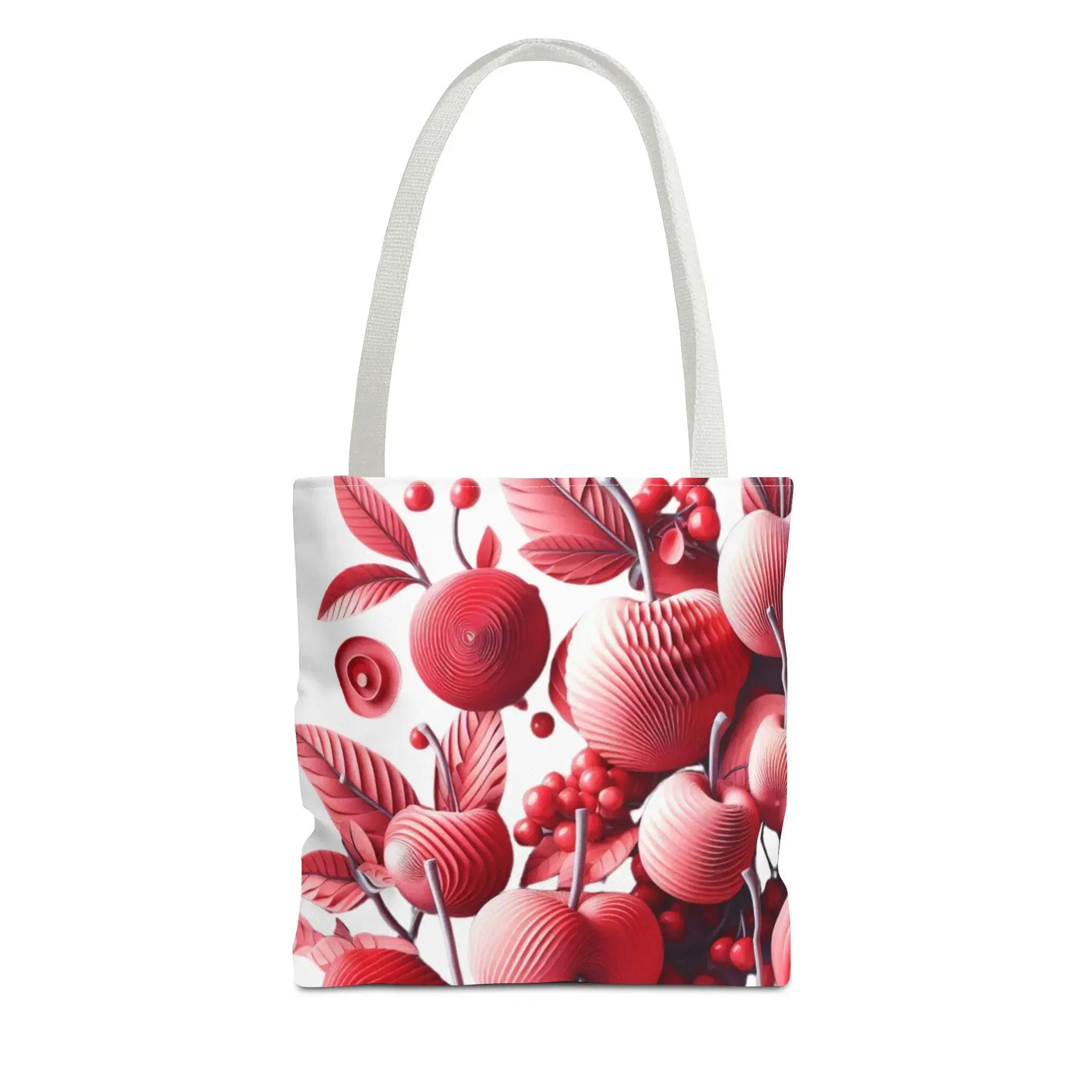 Tote bag with red floral design on a white background
