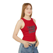 Woman wearing a red tank top with text on a white background