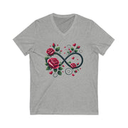 Gray t-shirt with an infinity symbol and roses design on a white background