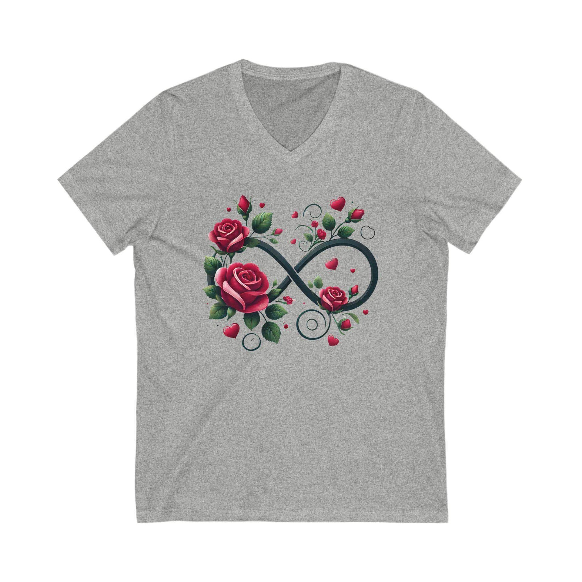 Gray t-shirt with an infinity symbol and roses design on a white background