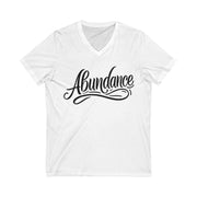 White t-shirt with 'Abundance' text on a white background