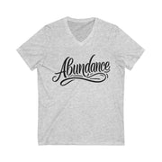 Gray t-shirt with 'Abundance' text on a white background