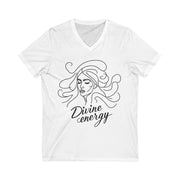 White t-shirt with a black line art design of a woman's face and 'Divine energy' text on a white background