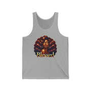 Gray tank top with a graphic of a woman with an afro and the word 'Blessed' on a white background