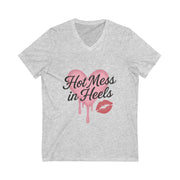 Gray V-neck t-shirt with 'Hot Mess in Heels' design on a white background