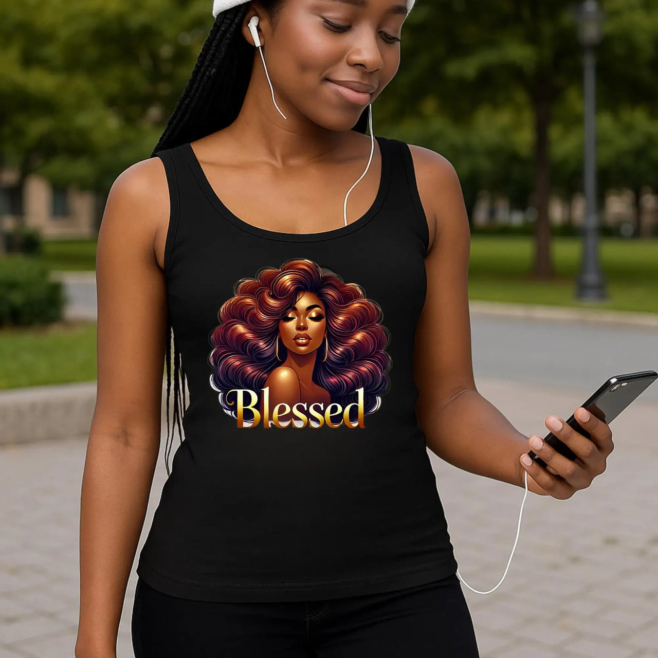 Woman wearing a black tank top with a 'Blessed' graphic, listening to music outdoors.