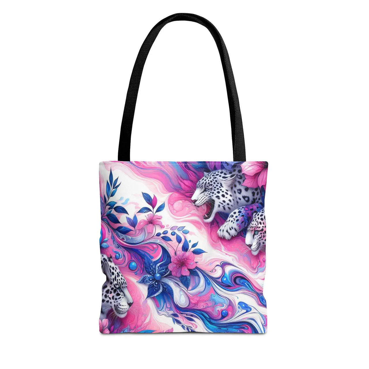 Tote bag with a colorful design of leopards and floral elements on a white background