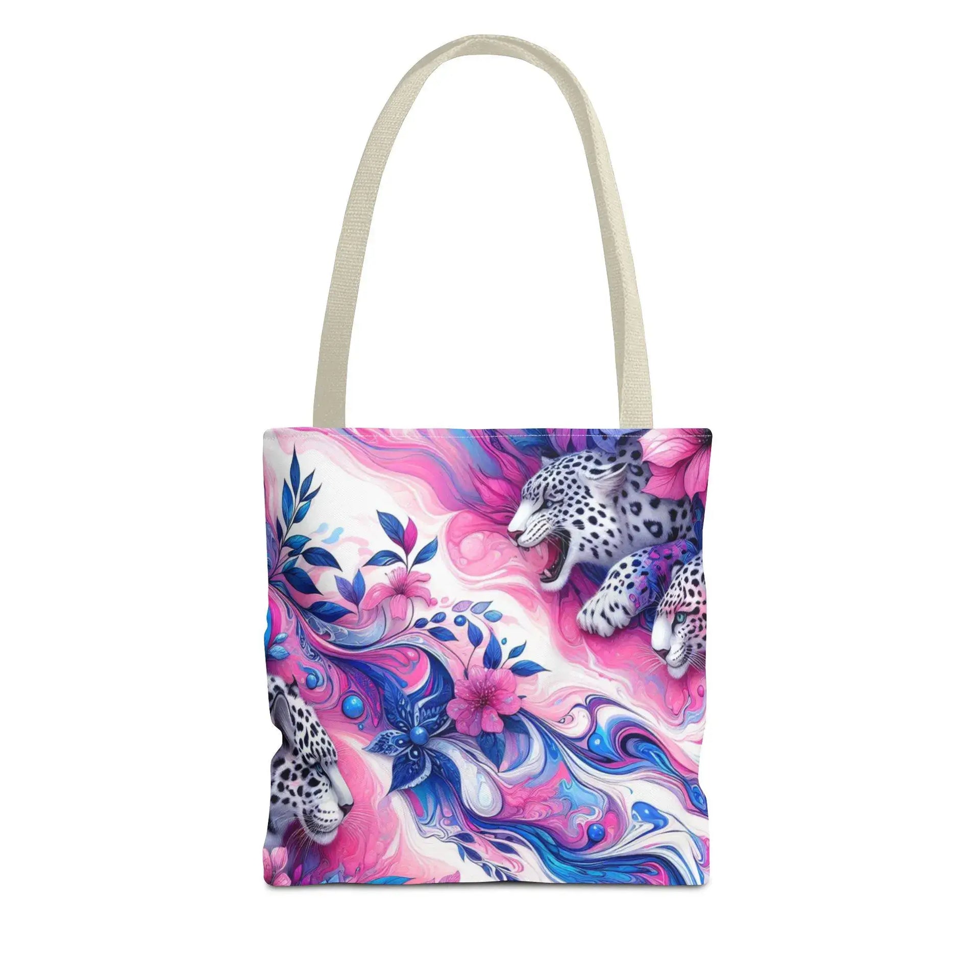 Tote bag with a colorful design featuring leopards and floral elements on a white background