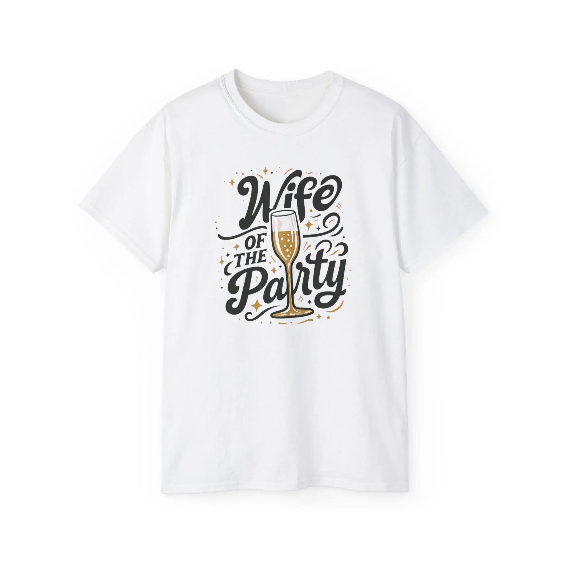 White t-shirt with 'Wife of the Party' text and champagne glass graphic on a white background