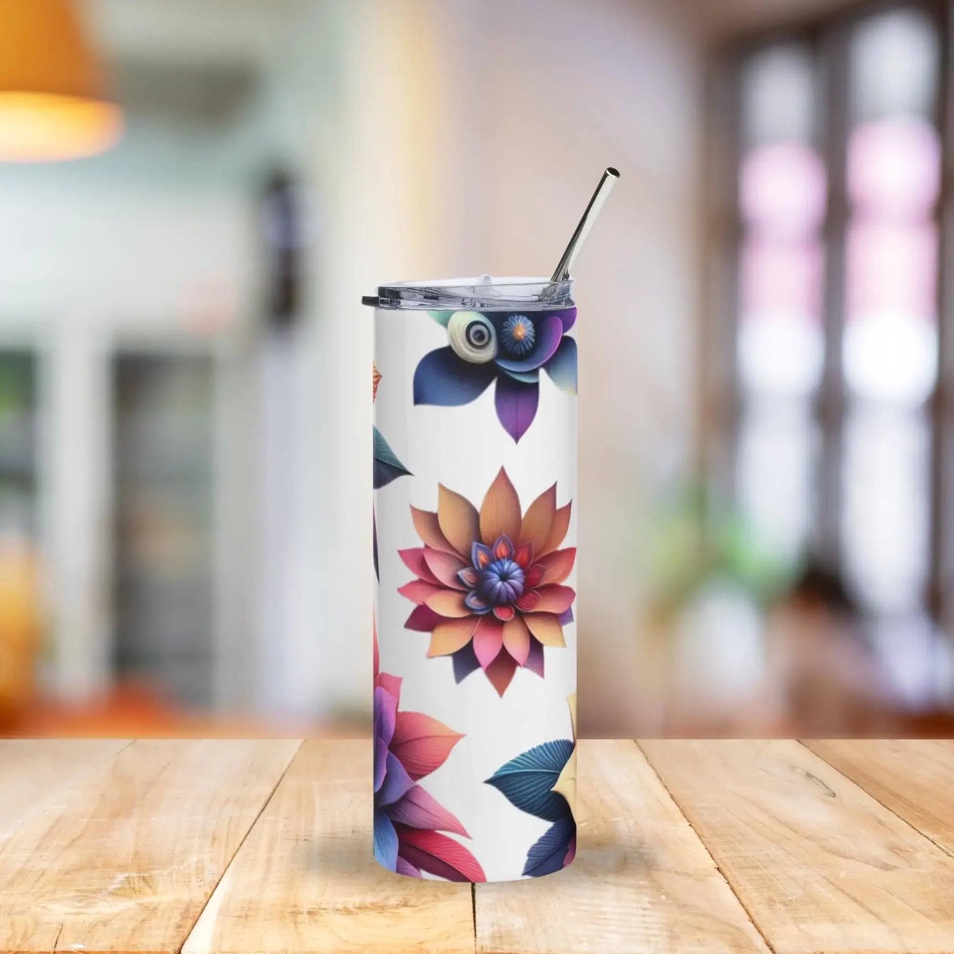 Tumbler with floral design on a wooden table