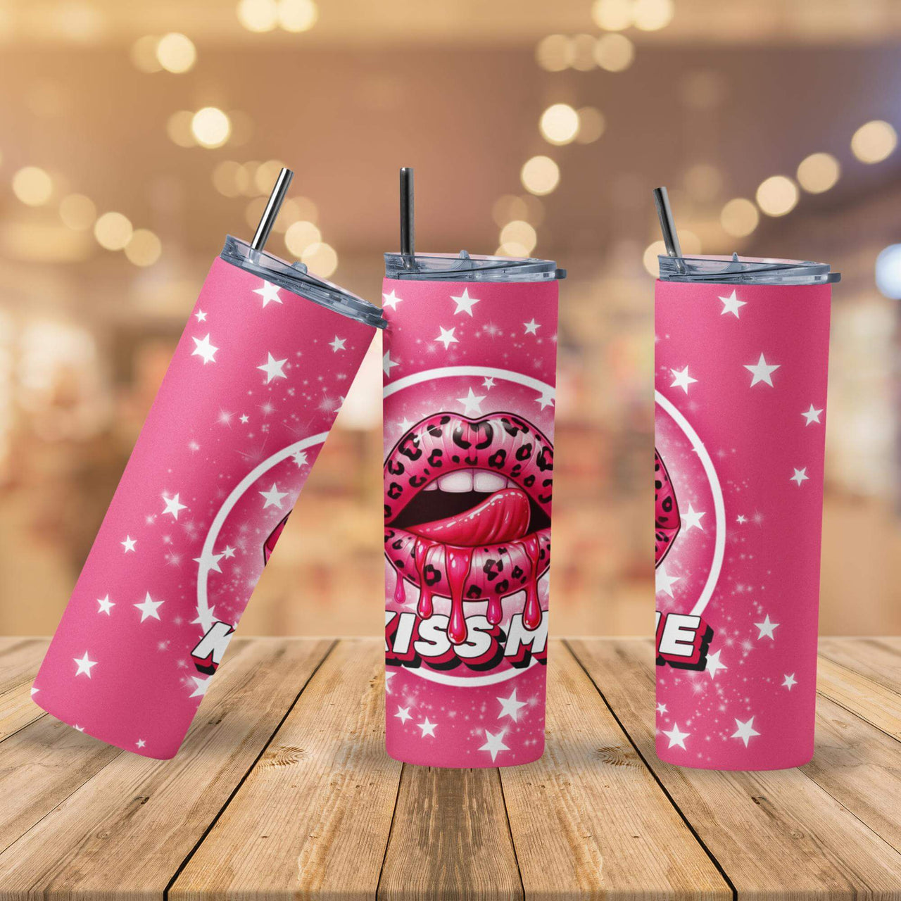 Kiss Me Pink Leopard Lips Tumbler | 20oz Stainless Steel Cup with Starry Glam Design
