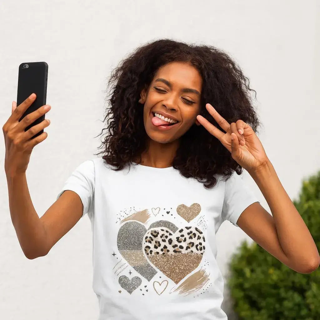 Woman smiling in Wild Heart Glam T-Shirt holding phone