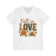 White t-shirt with 'Fall in Love' text and pumpkins on a white background