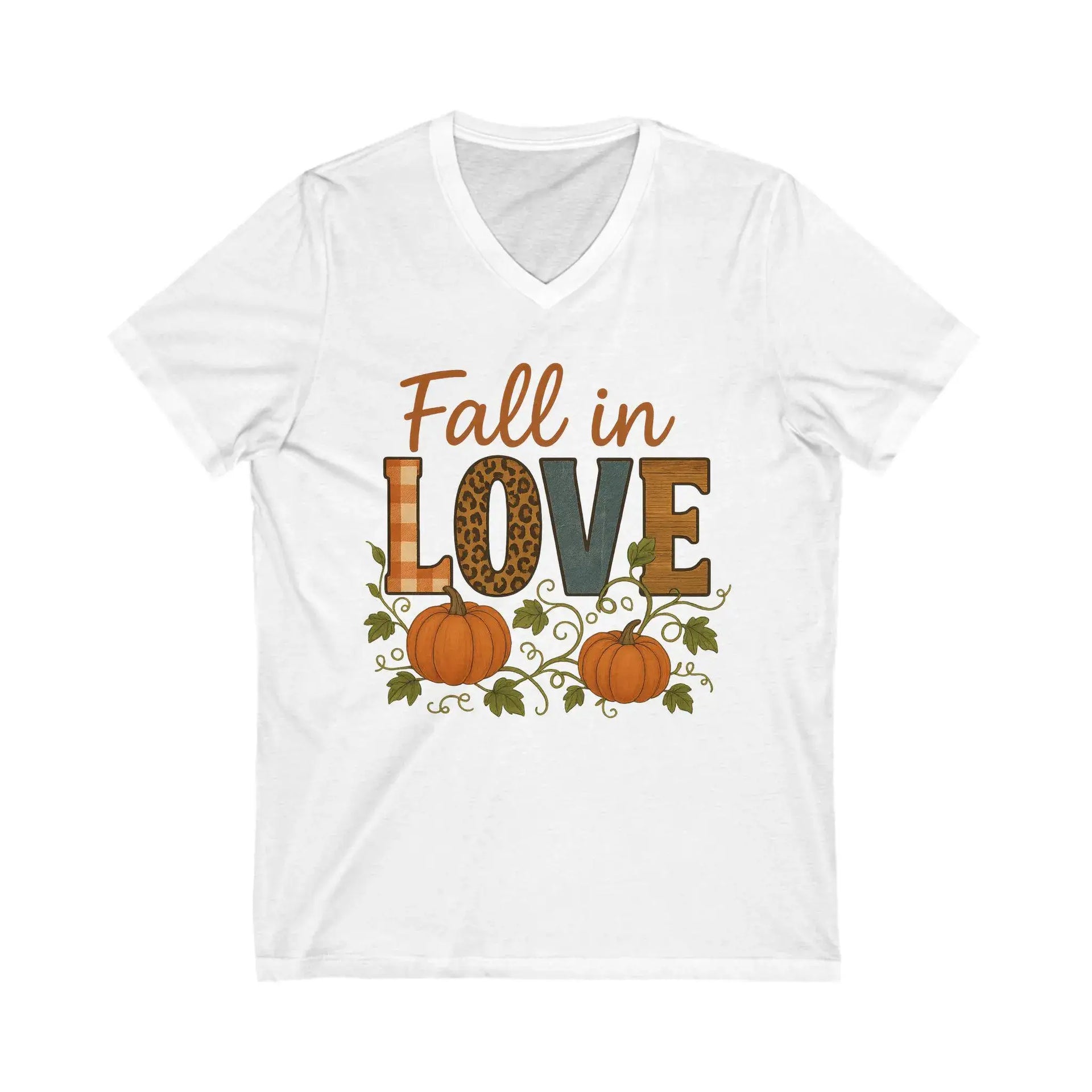 White t-shirt with 'Fall in Love' text and pumpkins on a white background